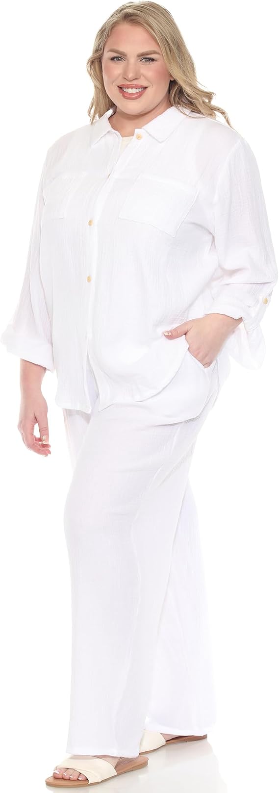 white mark Women's Plus Size 2-Piece Oversize Long Sleeve Button Down Cotton Linen Gauze Lounge Beach Set