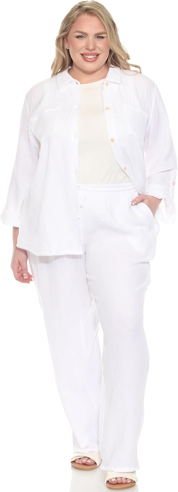 white mark Women's Plus Size 2-Piece Oversize Long Sleeve Button Down Cotton Linen Gauze Lounge Beach Set