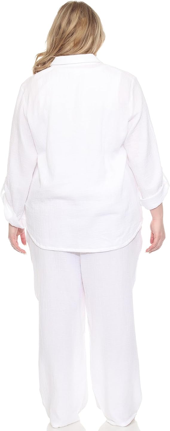 white mark Women's Plus Size 2-Piece Oversize Long Sleeve Button Down Cotton Linen Gauze Lounge Beach Set