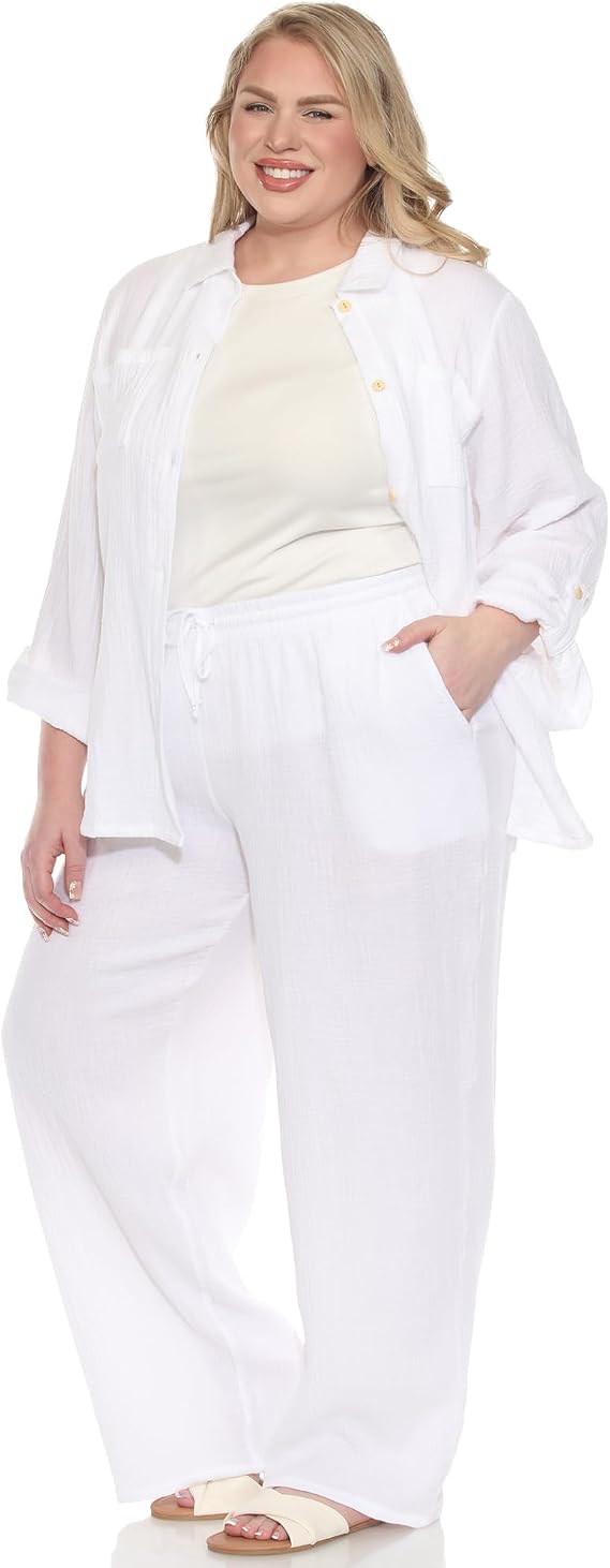 white mark Women's Plus Size 2-Piece Oversize Long Sleeve Button Down Cotton Linen Gauze Lounge Beach Set