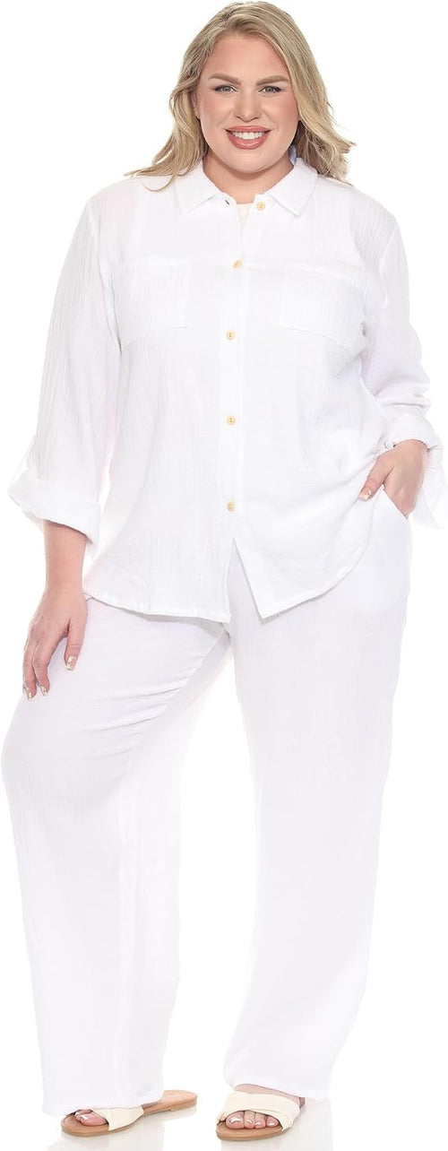 white mark Women's Plus Size 2-Piece Oversize Long Sleeve Button Down Cotton Linen Gauze Lounge Beach Set