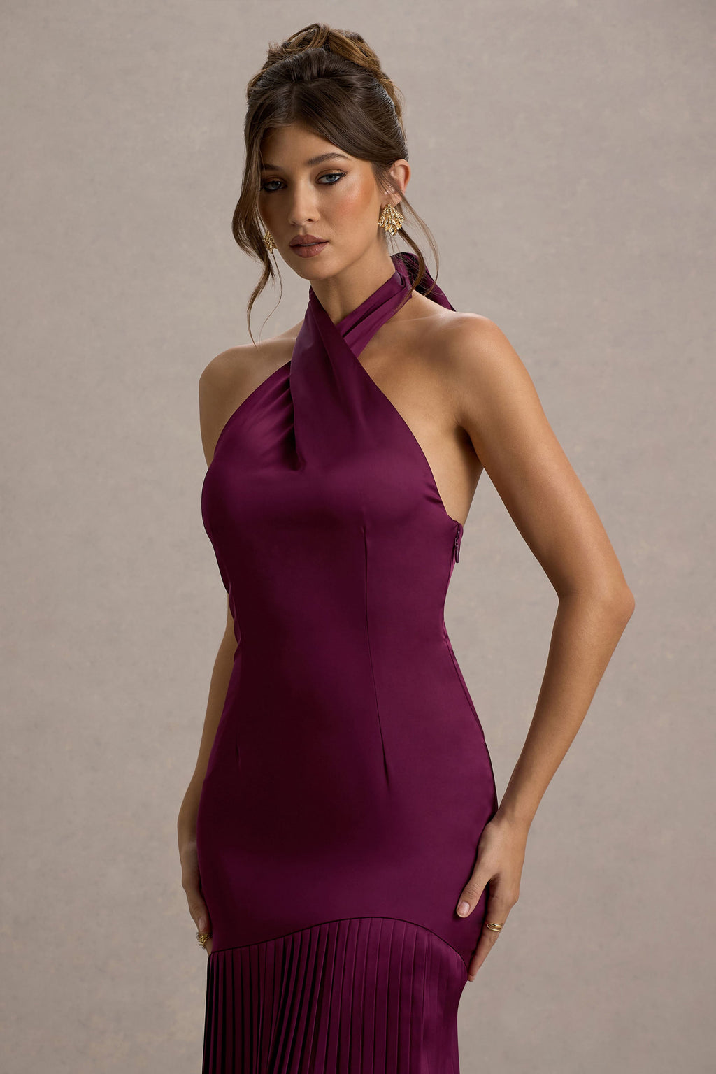 Sansa | Burgundy Satin Cross Halter-Neck Plisse Maxi Dress