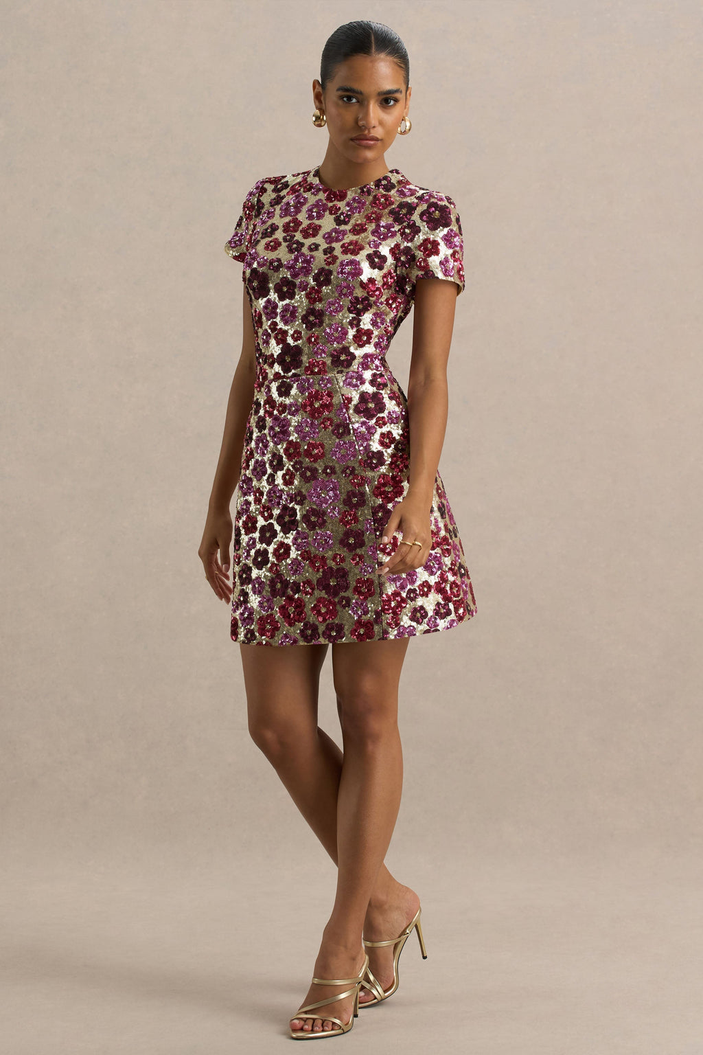 Eira | Pink Floral Embellished Sequin Crew-Neck Mini Dress