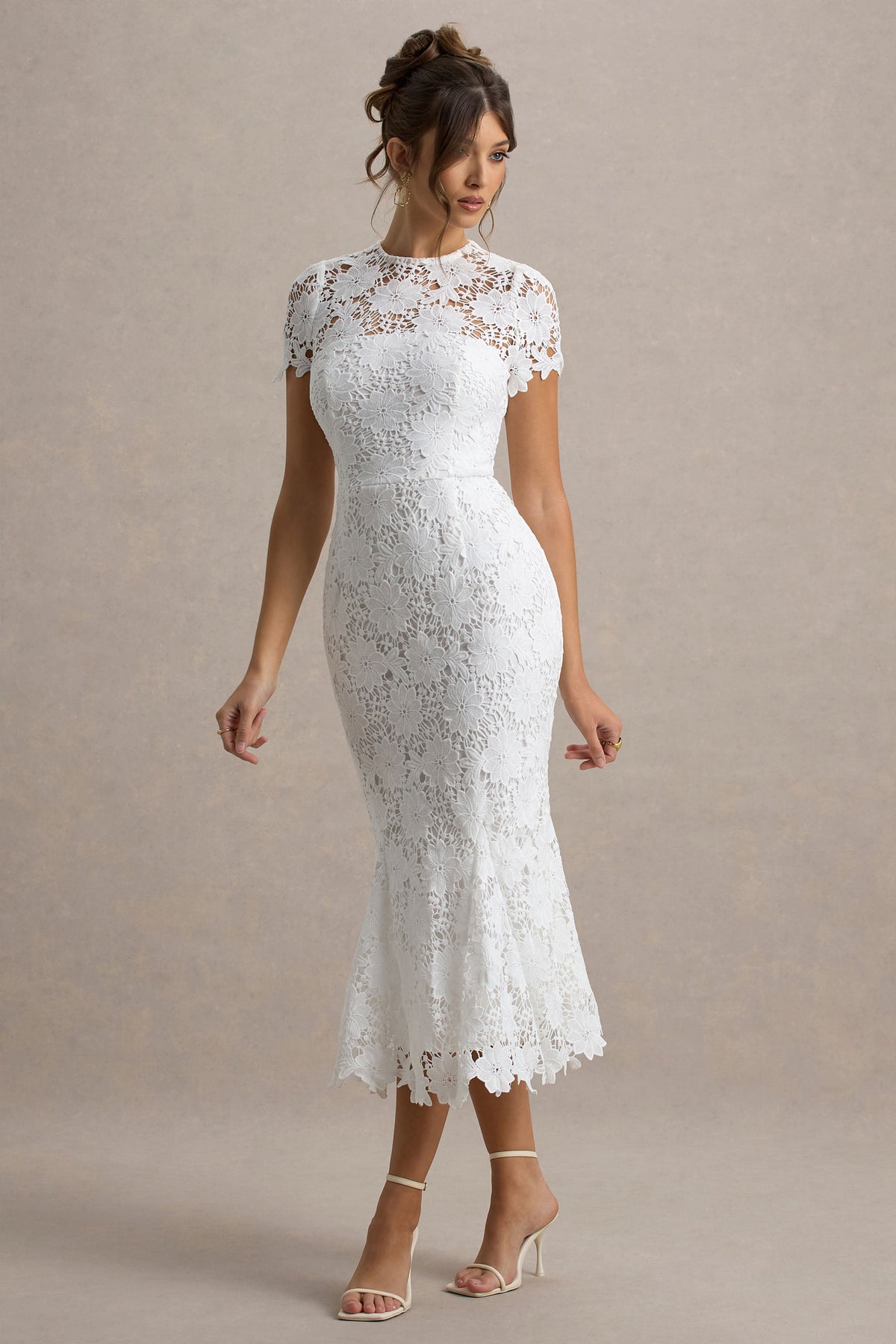 Clarissa | White Lace Short-Sleeve Midi Dress