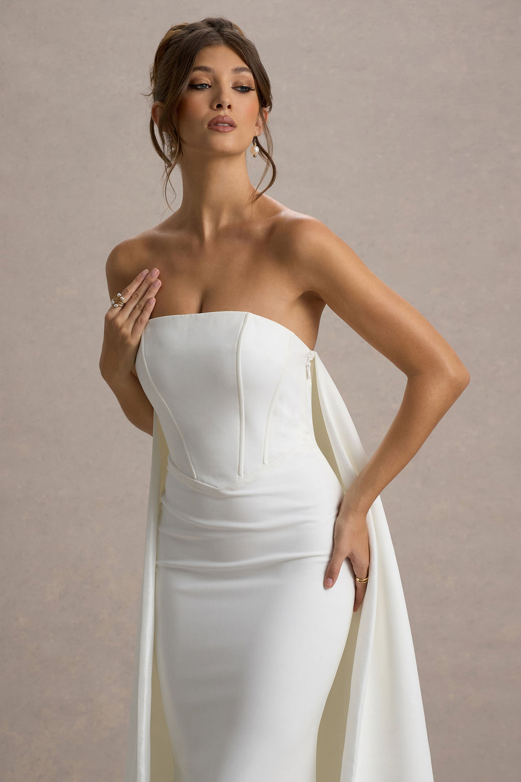 She's Trouble | White Bandeau Maxi Dress With Cape